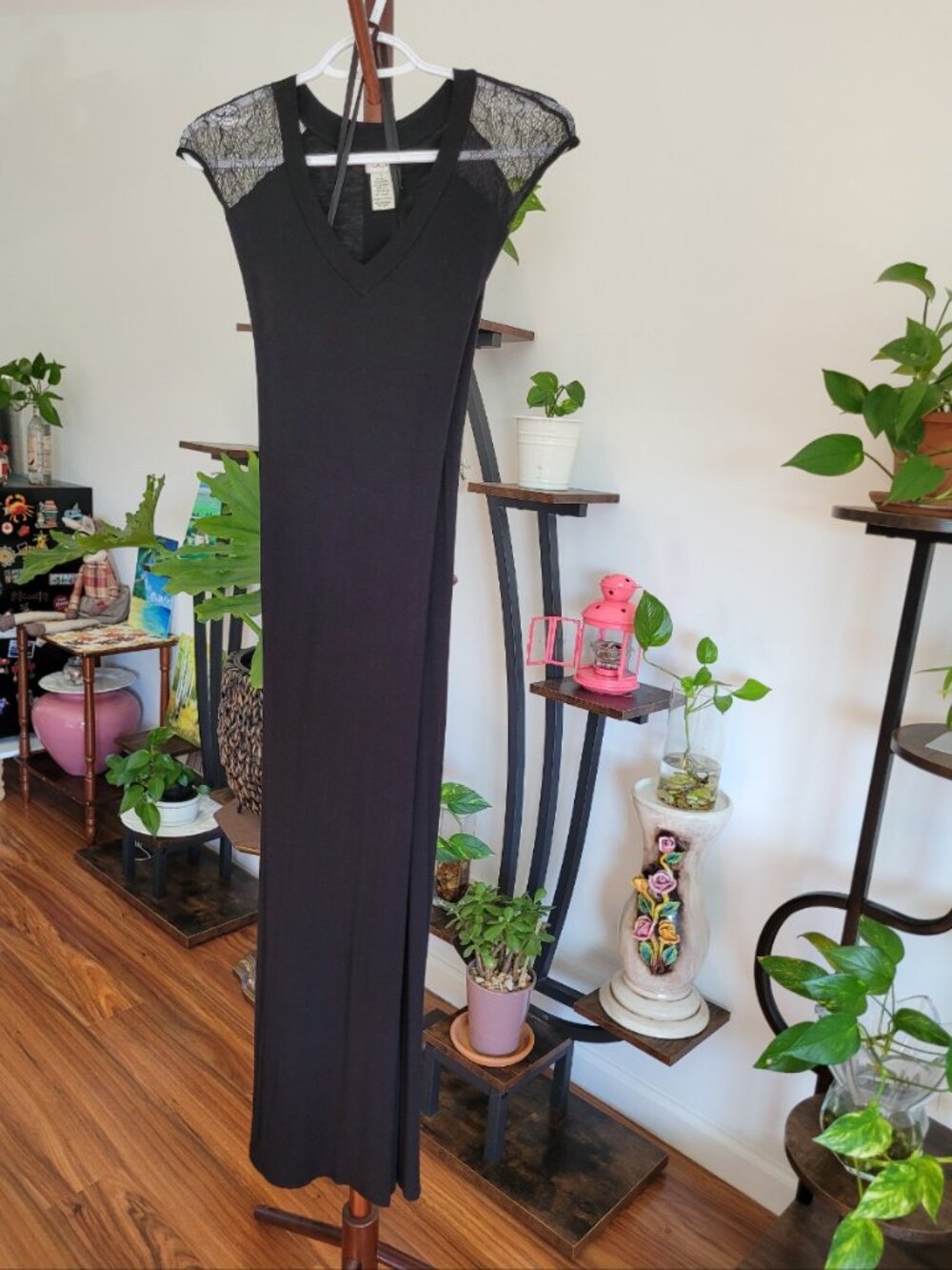 VTG Cache Black Lace Shoulder Maxi Dress Size 2 V-Neck Y2K Goth Party Evening